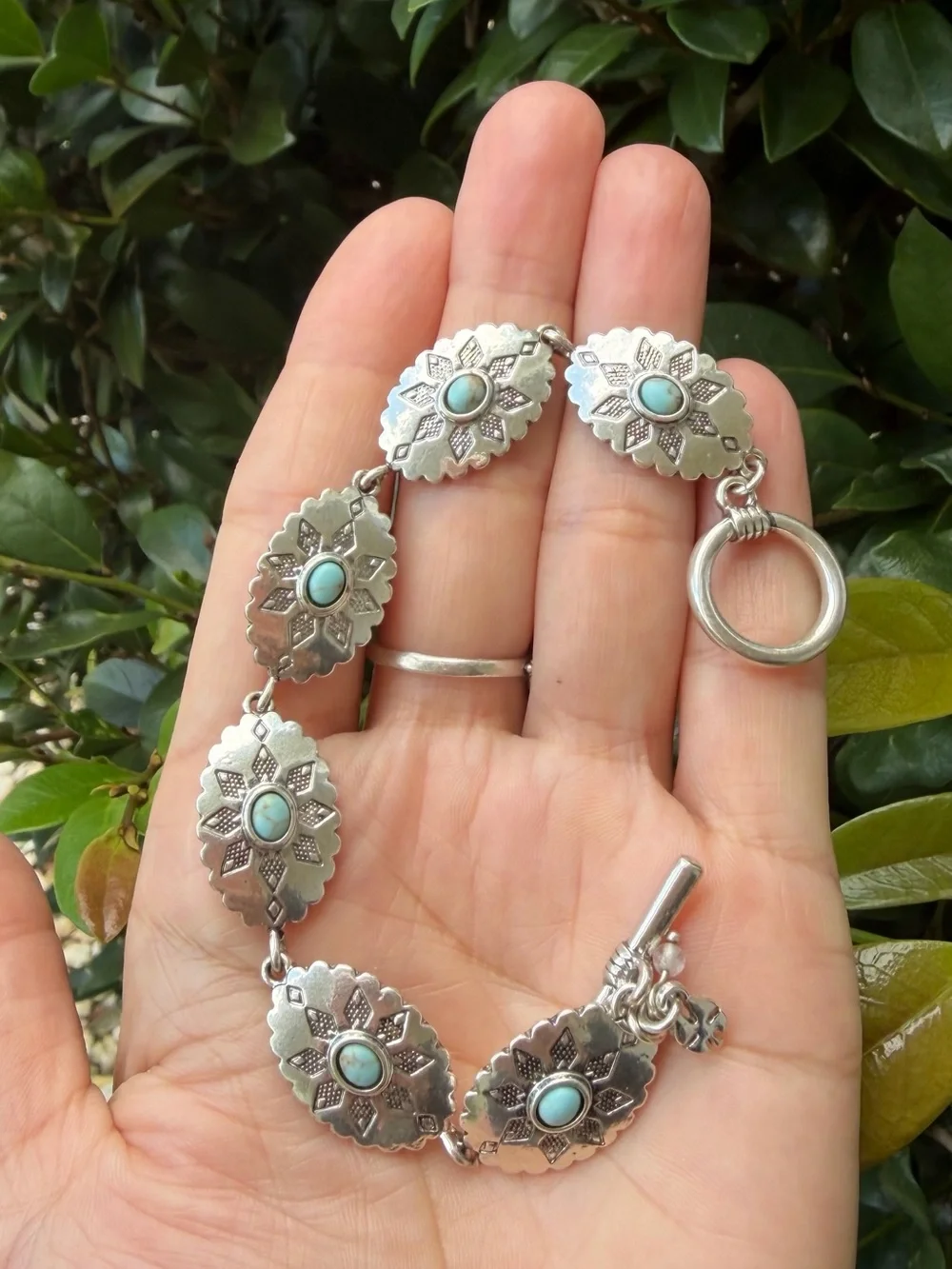 Turquoise Silver Floral-Link Bracelet - Women Jewelry